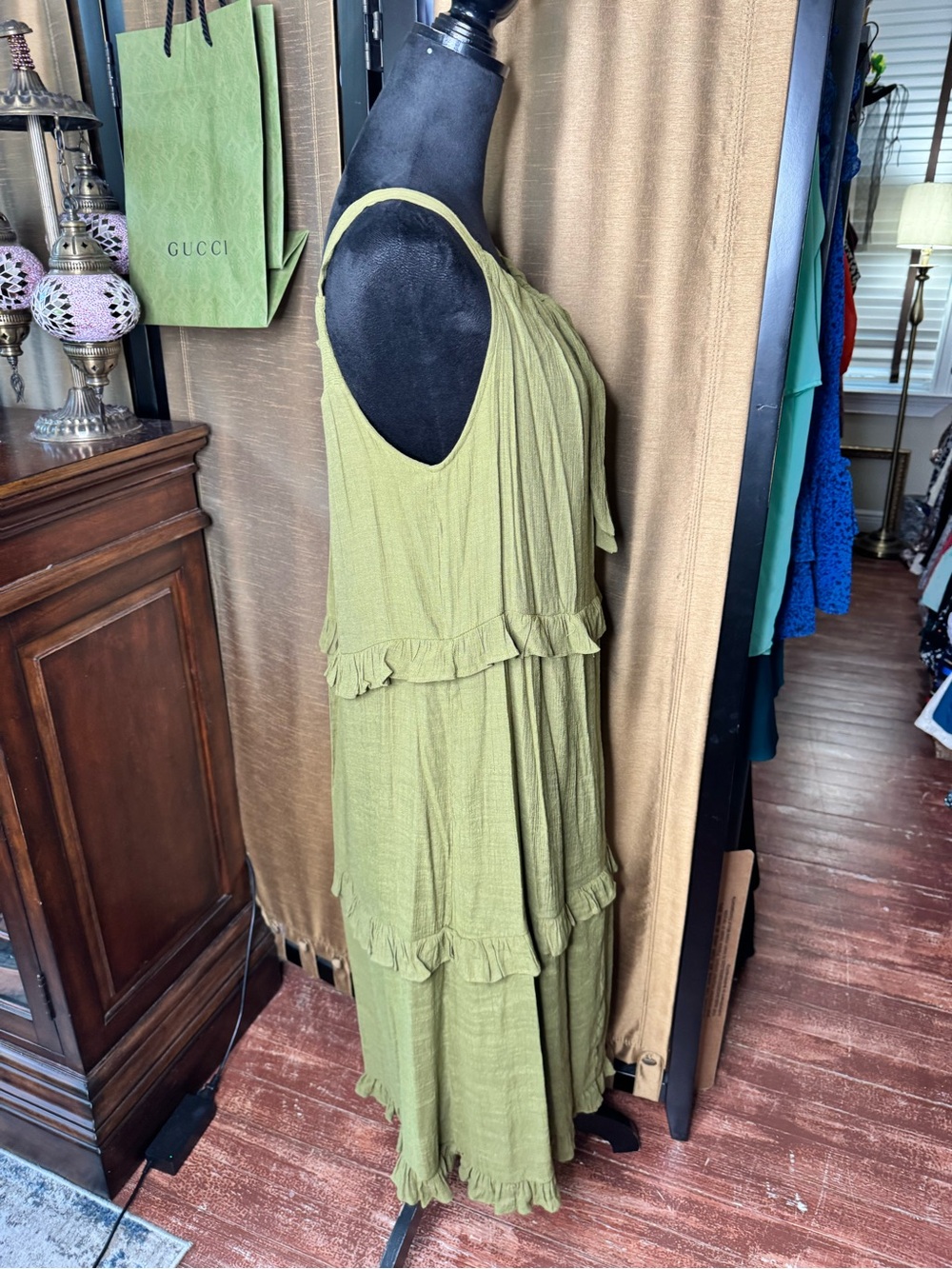 Emelia Olive Green Tiered Ruffle Maxi Dress Boho Sleeveless Size L - Picture 2 of 9